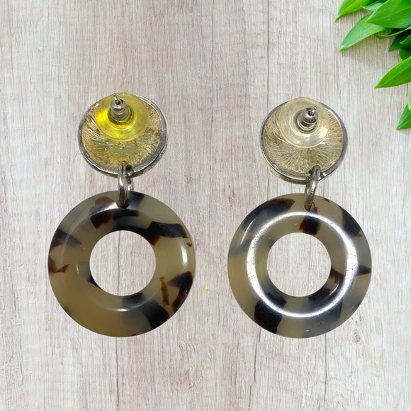 Vintage Y2K Acrylic Tortoise Dangle Circle Pierced Earrings Avant Garde Carded - Picture 2 of 5